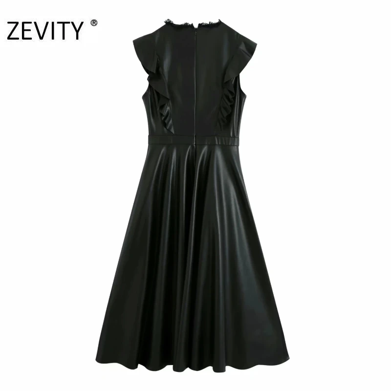 ZEVITY New women lace patchwork casual PU leather A line dress female sleeveless ruffles vestido chic back zipper dresses DS4437