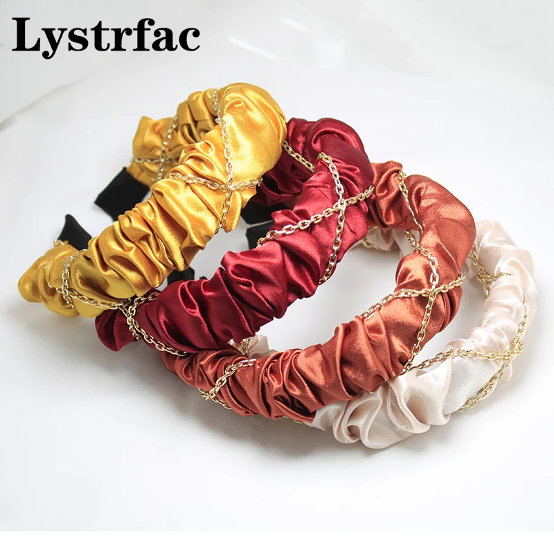 

Lystrfac Solid Color Slik Chain Scrunchy Headband for Women Fashion Cloth Folds Hairband Hair Loop Female Hair Accessories