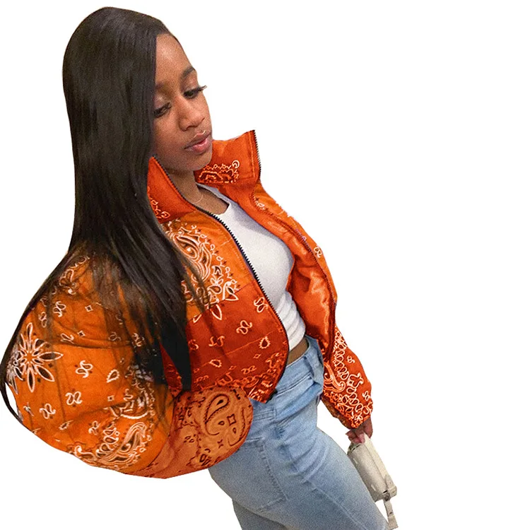 Short Print Cotton-Padded Jacket Women 2020 European And American Fashion New Winter Stand-Up Collar Long-Sleeved Coat Trendy