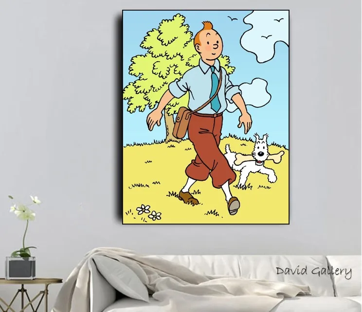 100% Hand Painted Oil Painting With Popular Art Graffiti Artworks TINTIN Cartoon On Canvas For Kids Room | Дом и сад