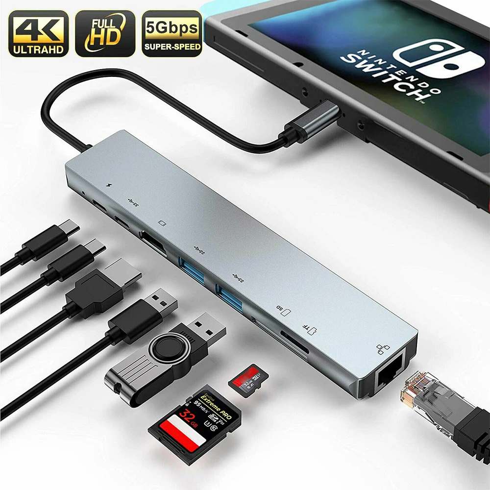 8 in 1 Multiport Type C To 87W PD Fast Charge USB-C 4K 30Hz HDMI Adapter RJ45 Fast Ethernet TF SD USB 3.0 Cable Hub For Macbook
8 in 1 Multiport Type C To 87W PD Fast Charge USB-C 4K 30Hz HDMI Adapter RJ45 Fast Ethernet TF SD USB 3.0 Cable Hub For Macbook