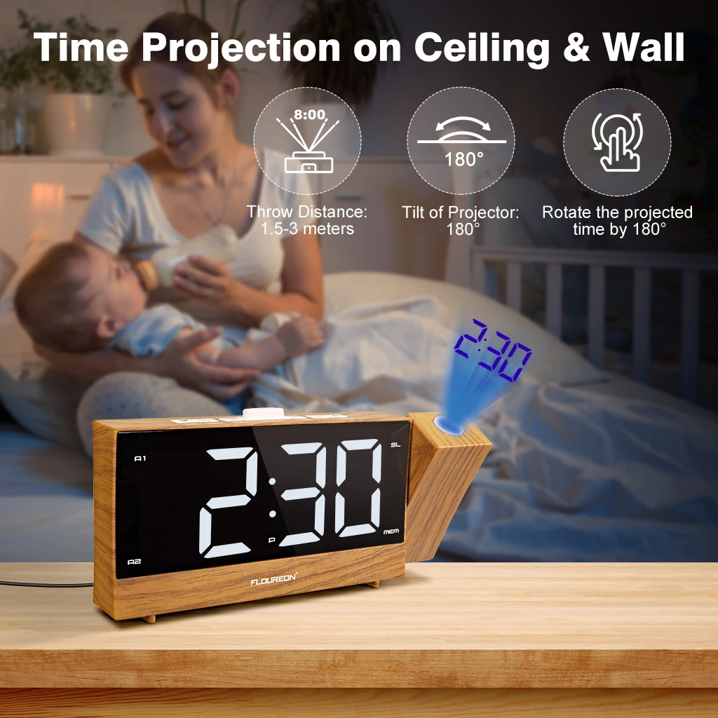 Digital Projection FM Radio Alarm Clock LED Electric Table Desk Watch Snooze Function 180° Adjustable Projector with Sleep Timer 
Digital Projection FM Radio Alarm Clock LED Electric Table Desk Watch Snooze Function 180° Adjustable Projector with Sleep Timer