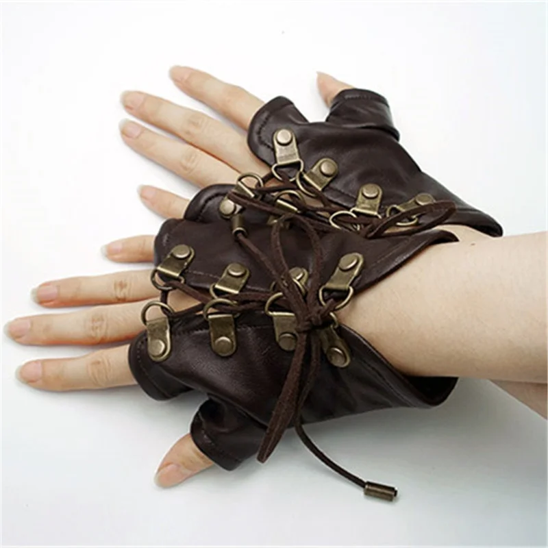 

Gothic Unisex Cosplay Gloves Adjustable Punk Lolita Cosplay PU Leather Gloves Vintage Steampunk Bandage Half Finger Gloves