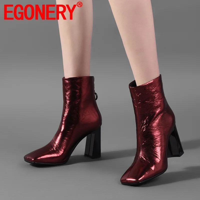 

EGONERY woman party booties brand genuine cow leather women's shoes fashion winter autumn 8cm high heels square toe ankle boots
