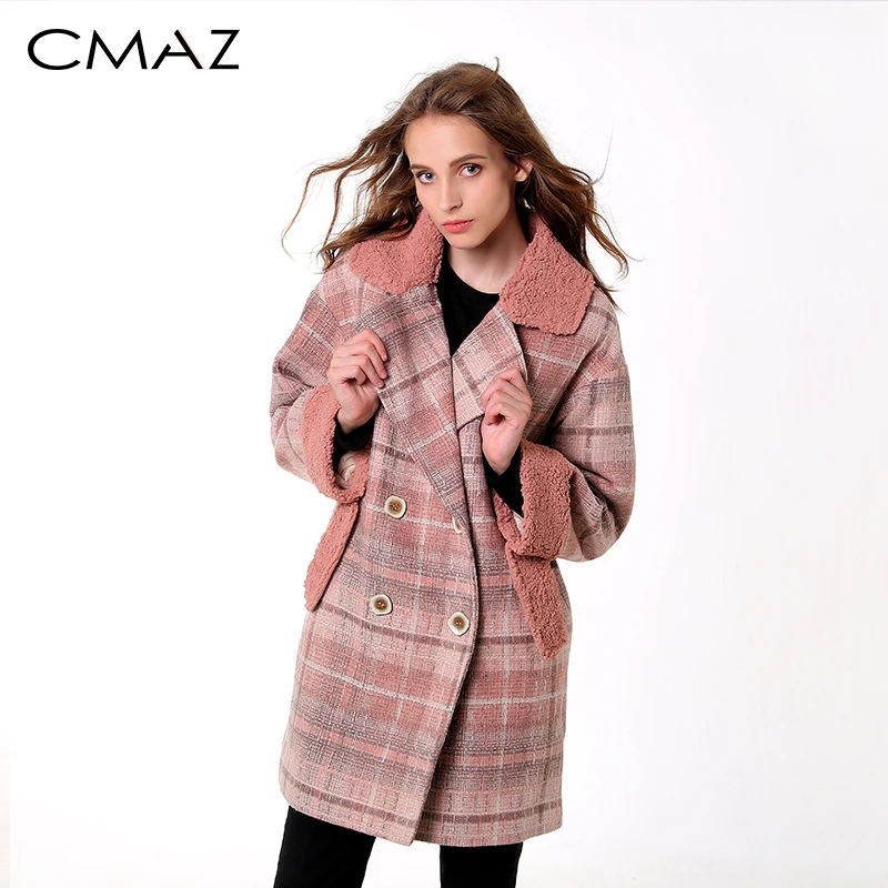 

CMAZ 2019 autumn winter plaid woolen coat new fashion causal women turndown collar long pink coat MX18D9678