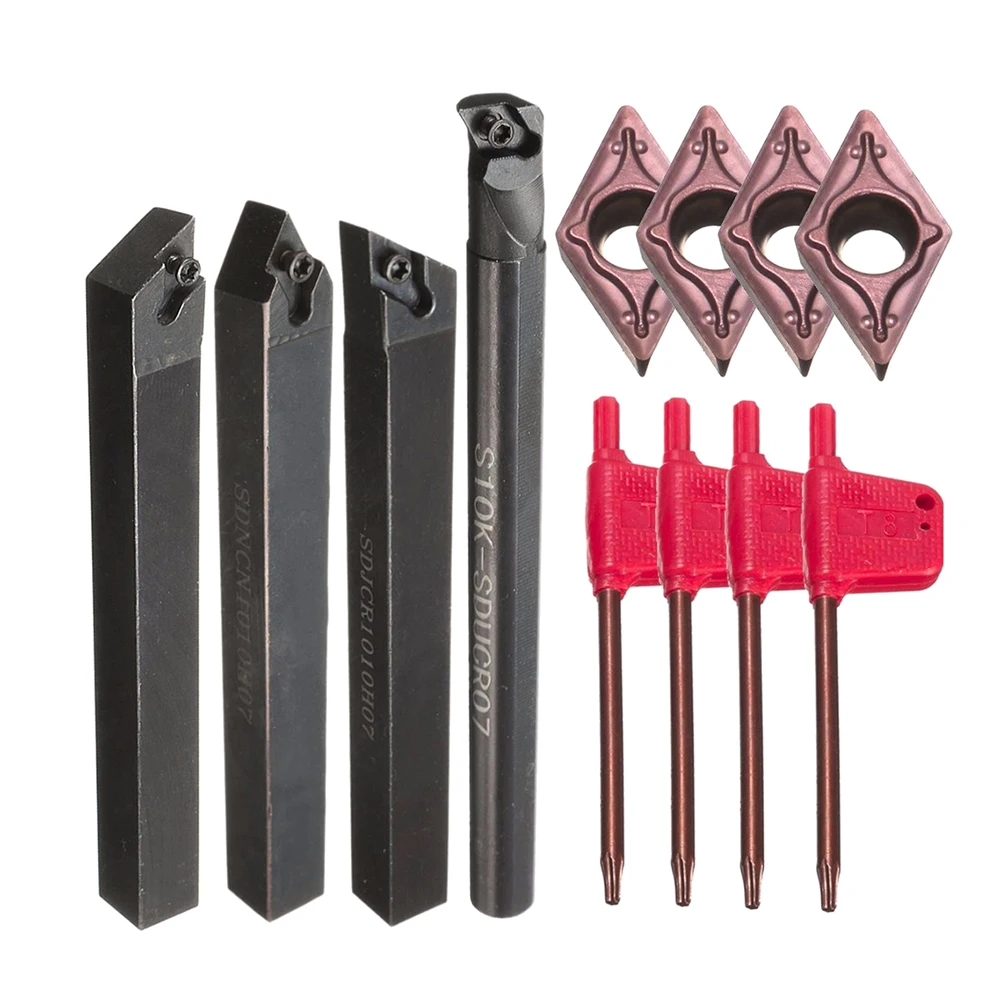 4Pcs 10mm S10K-SDUCR07+SDJCR+SDJCL+SDNCN1010H07 Turning Tool Holder + 4Pcs DCMT0702 Blade Inserts + 4Pcs T8 Wrenches
4Pcs 10mm S10K-SDUCR07+SDJCR+SDJCL+SDNCN1010H07 Turning Tool Holder + 4Pcs DCMT0702 Blade Inserts + 4Pcs T8 Wrenches