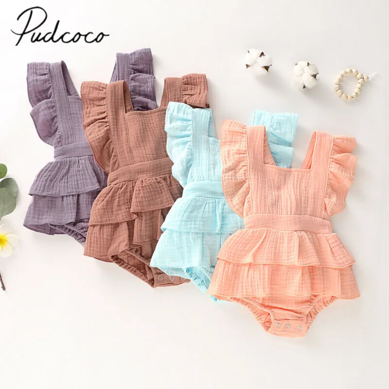 

2019 Baby Summer Clothing Newborn Baby Girl Clothes Sleeveless Ruffle Bodysuit Backless Sunsuit Layered Jumpsuit Overall Outfits