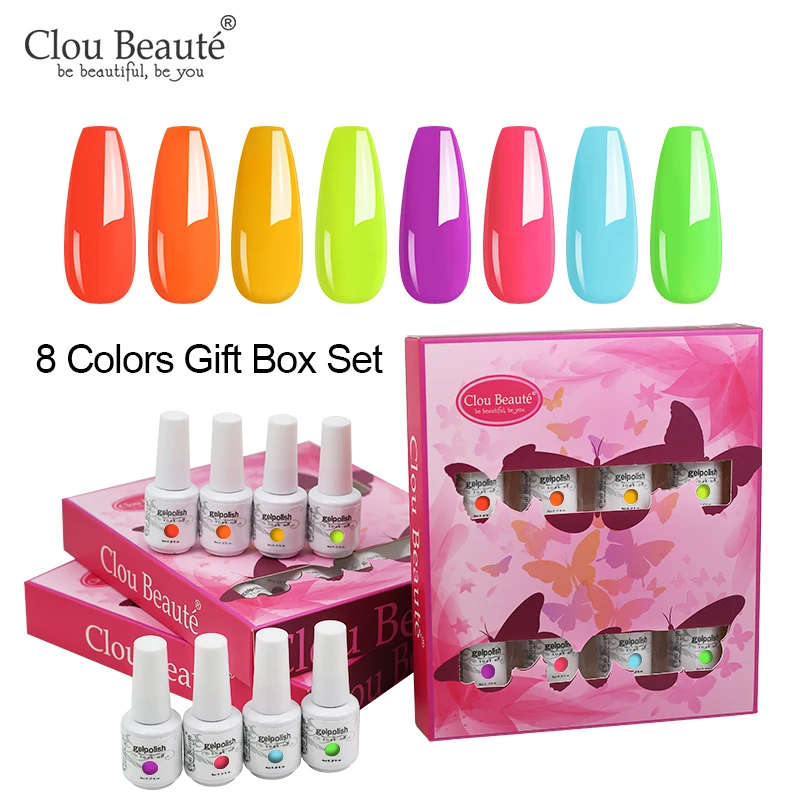 

Clou Beaute Gel Nail Polish Gift Set 8ml vernis semi permanent lakiery hybrydowe Neon Gel lak Nails Art Top Coat UV Gel Nails