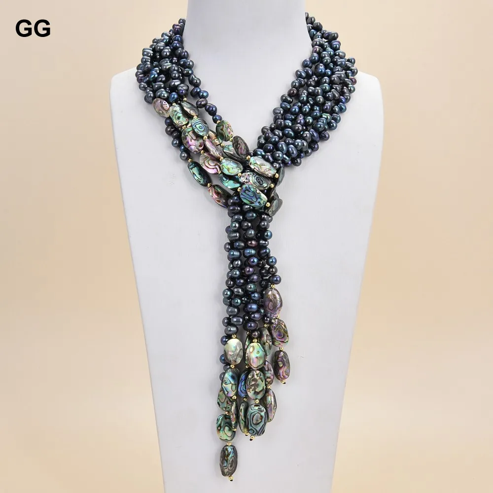 GG Jewelry 50 "3 нити ожерелье из ракушки черного жемчуга абалона | Украшения и