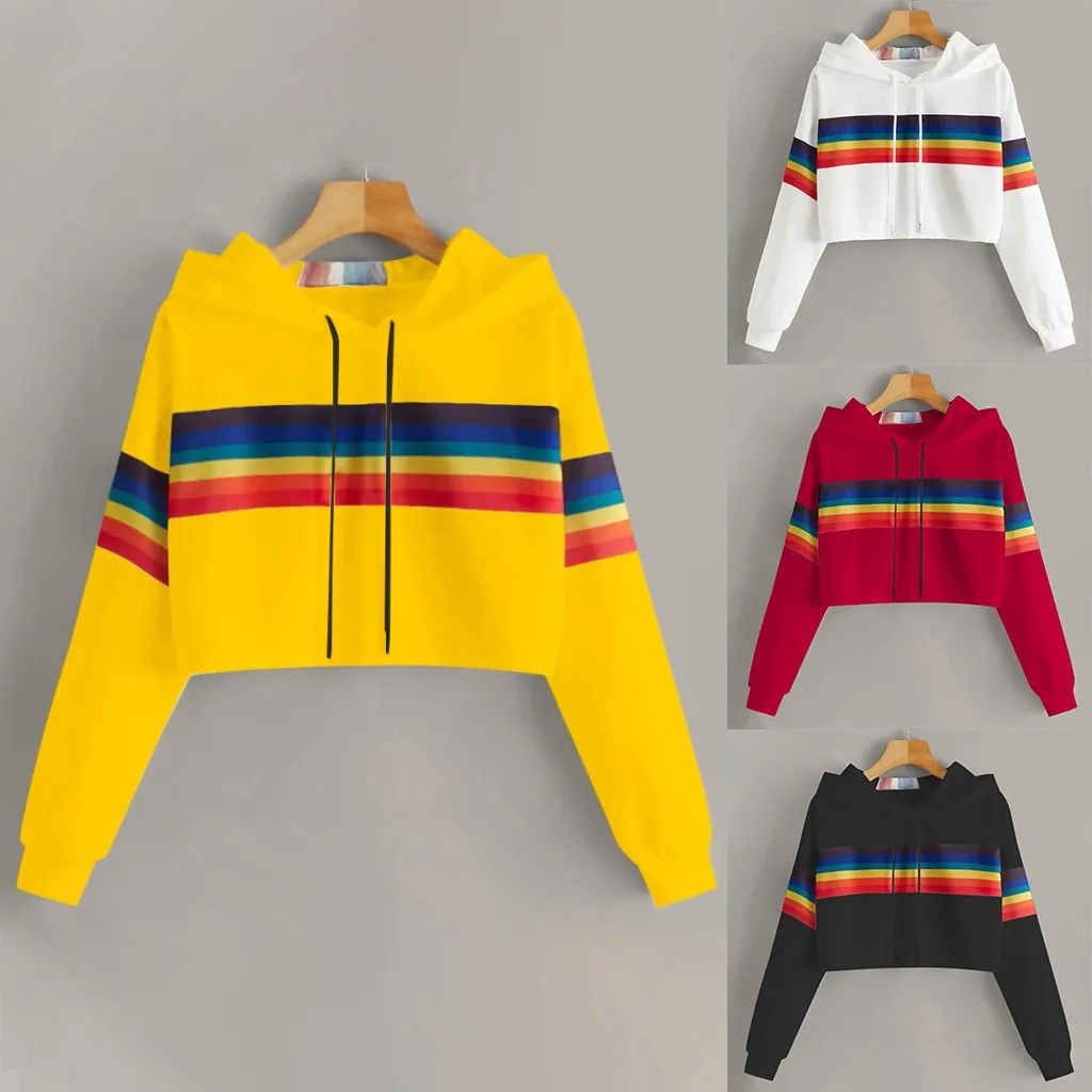 Jaycosin 2019 Fashion Autumn Women Rainbow Stripe Sweatshirt Stylish Long Sleeve Comfortable Female Casual Crop Blouse 930#10