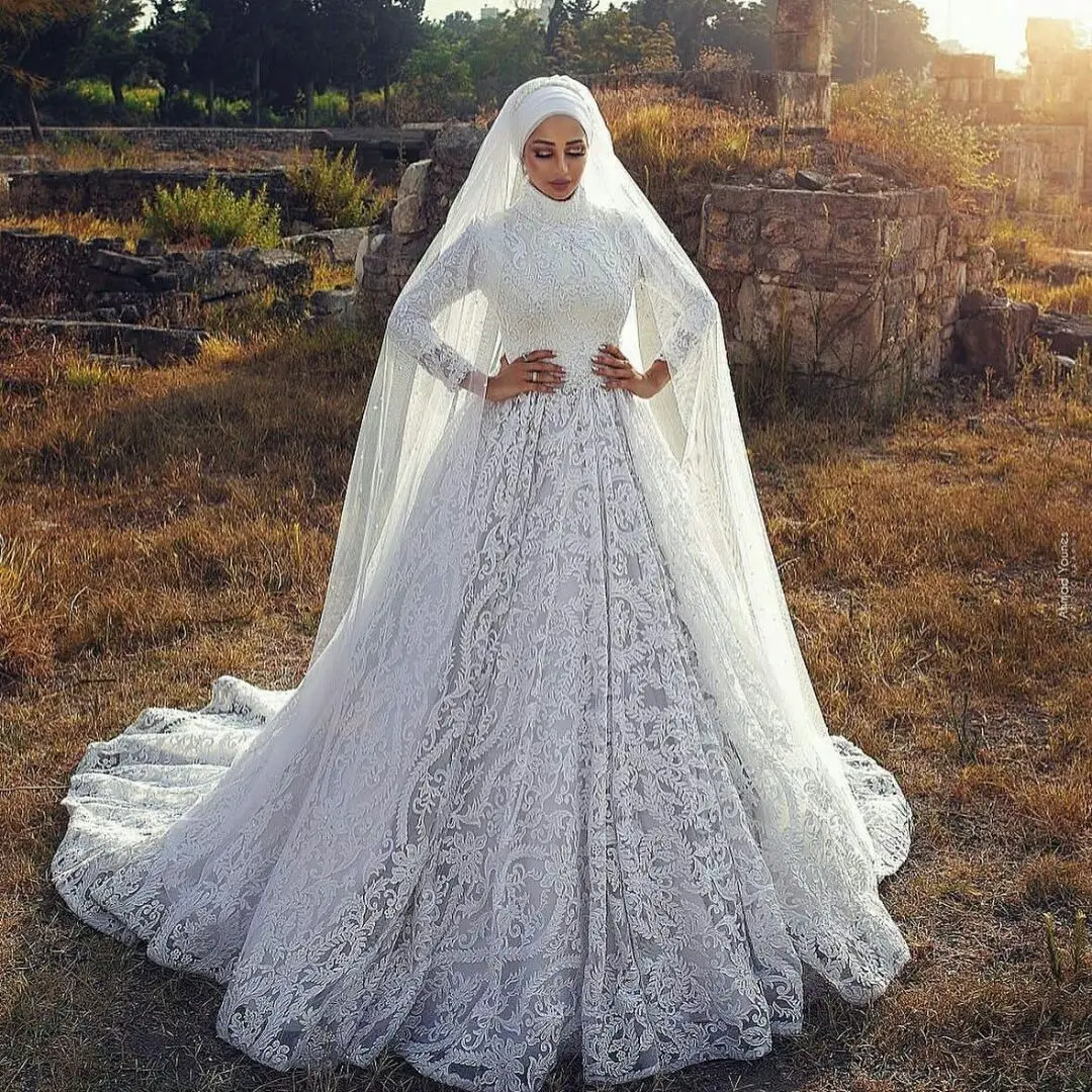 

Vintage Muslim Wedding Dresses High Neck Lace Appliqued A Line Country Bridal Gowns With Veil Custom Made Vestidos De Novia