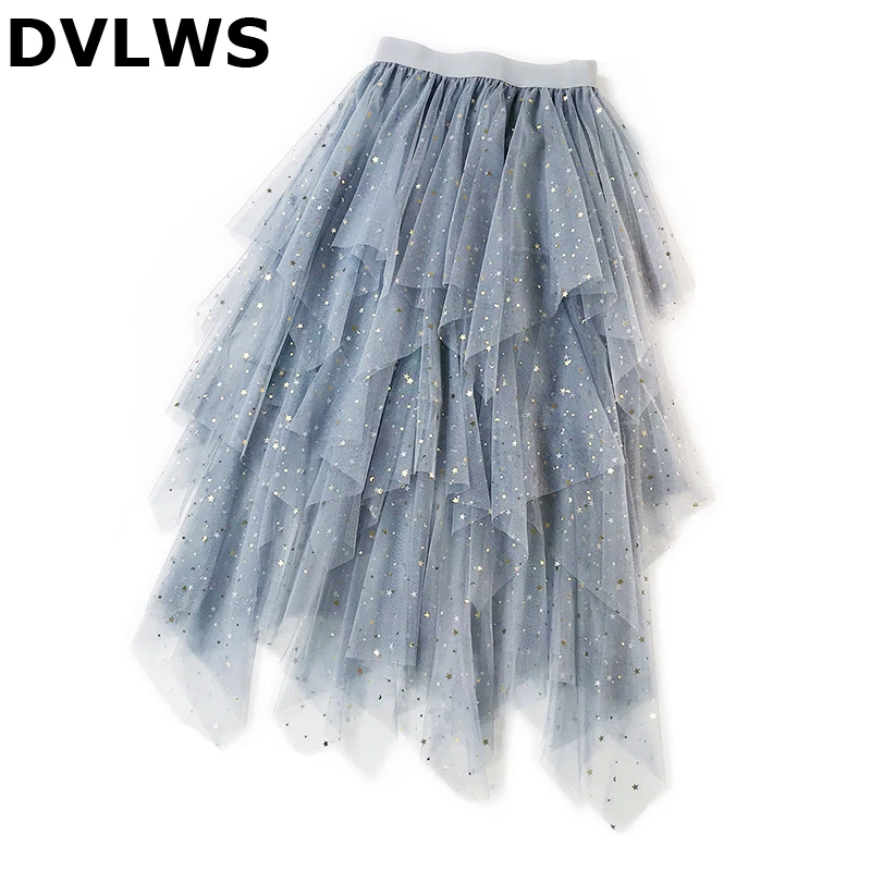 Фото Многослойная многослойная юбка с блестками и звездочками женская неравномерная