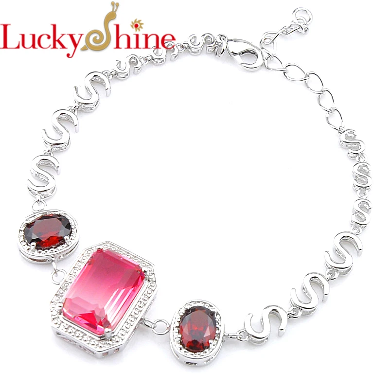 

Luckyshine 2019 New Oval Red Garnet Bracelet for Women 925 Fashion Silver Chain Charms Bracelets