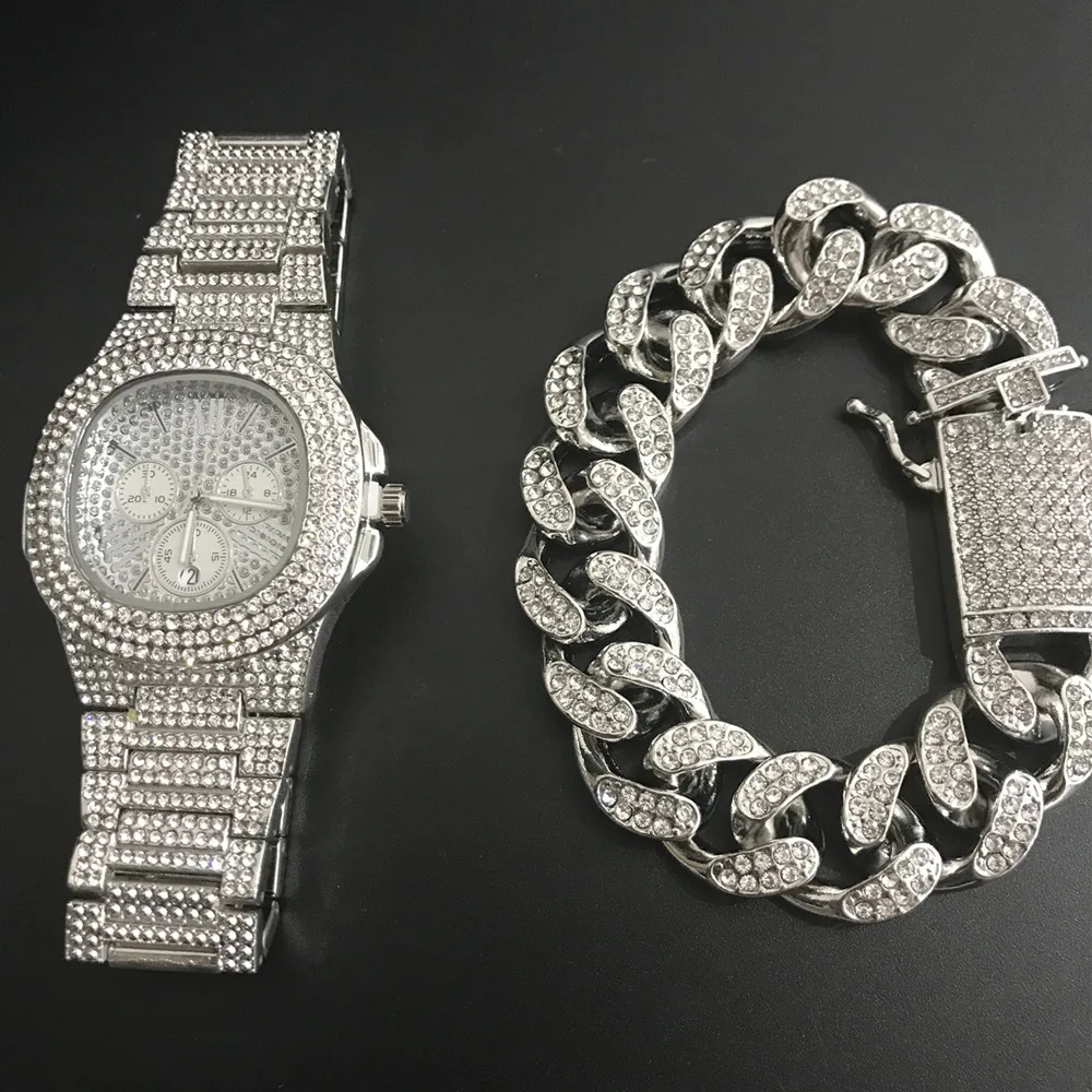 Роскошные мужские серебристые часы & Braclete Combo набор мужских часов с кристаллами