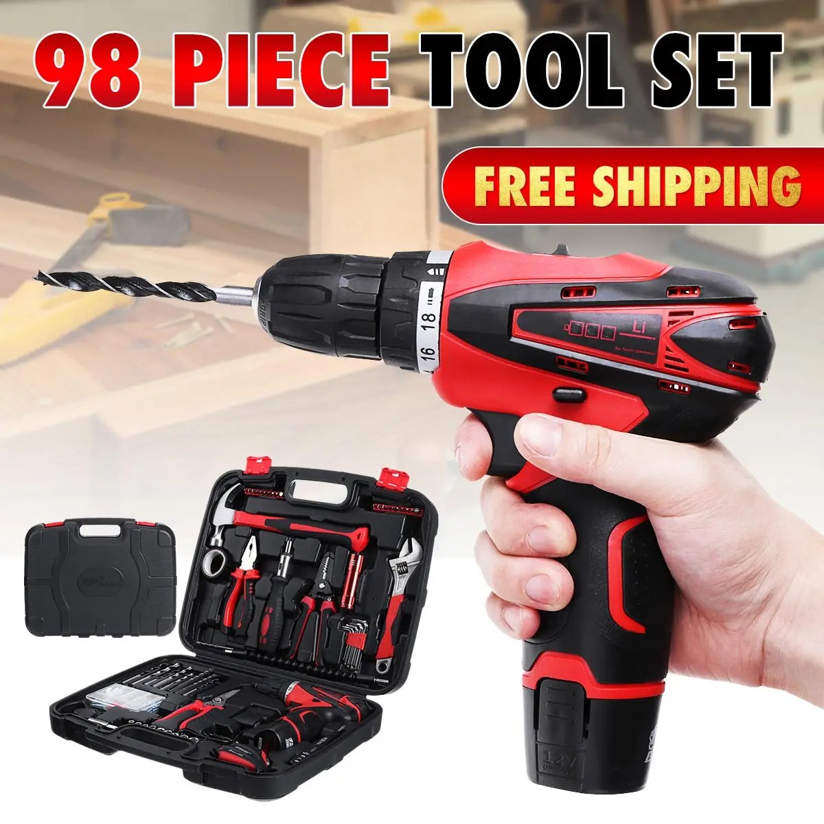 98Pcs Hand Tool Set General Household Repair Hand Tool Kit with Plastic Toolbox Storage Case with Lithium electric drill ect
98Pcs Hand Tool Set General Household Repair Hand Tool Kit with Plastic Toolbox Storage Case with Lithium electric drill ect