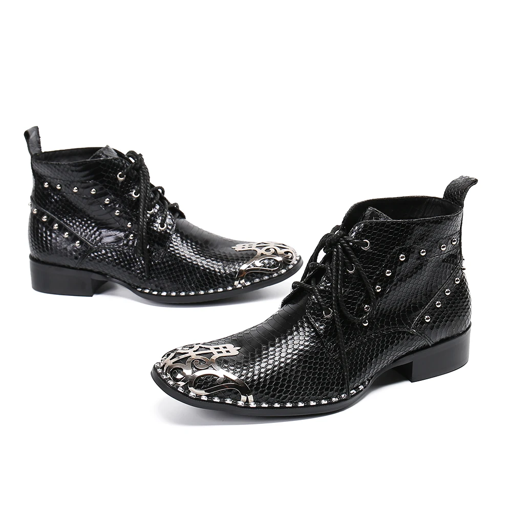 

Autumn and Winter Fashion Men Dress Shoes Rivets Lace Up Genuine Leather Short Boots Male Business Square Toe Cowboy Ankle Boots