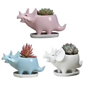 

New Ceramic Triceratops Planter with Tray Creative Dinosaur Flower Pot for Succulents Plants Home Garden Desktop Decoration