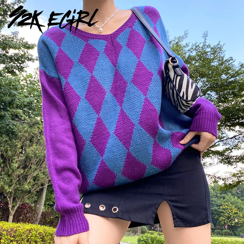 Y2K EGIRL Vintage Argyle Plaid Knitted Pullovers Harajuku 90s Fashion V-neck Long Sleeve Pancelled Purple Sweaters Autumn Women
Y2K EGIRL Vintage Argyle Plaid Knitted Pullovers Harajuku 90s Fashion V-neck Long Sleeve Pancelled Purple Sweaters Autumn Women