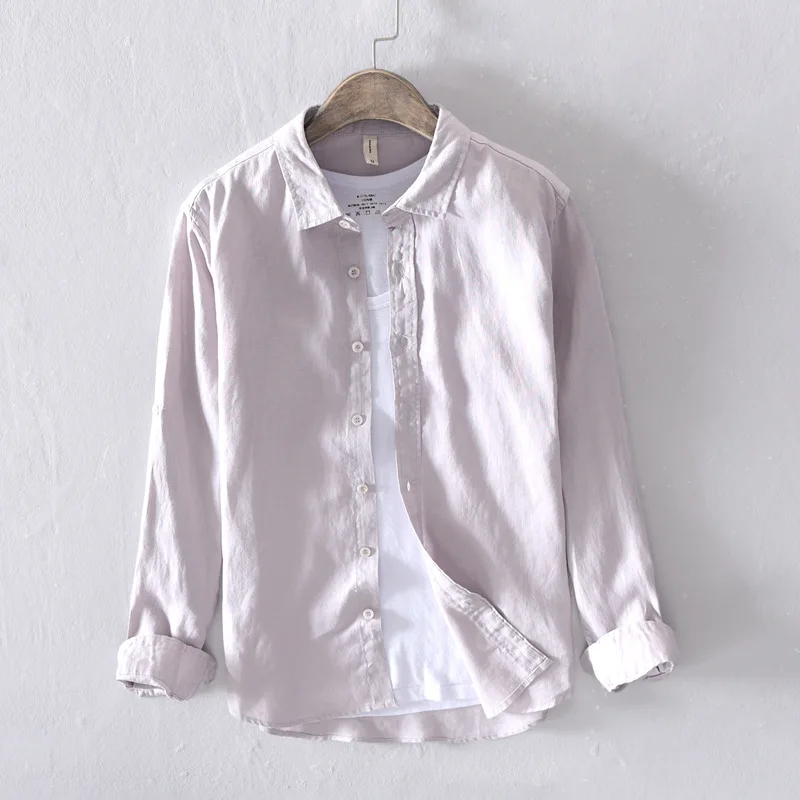2019 Pure linen shirt men brand casual shirt for men summer and autumn long-sleeved shirts men fashion solid shirts male chemise