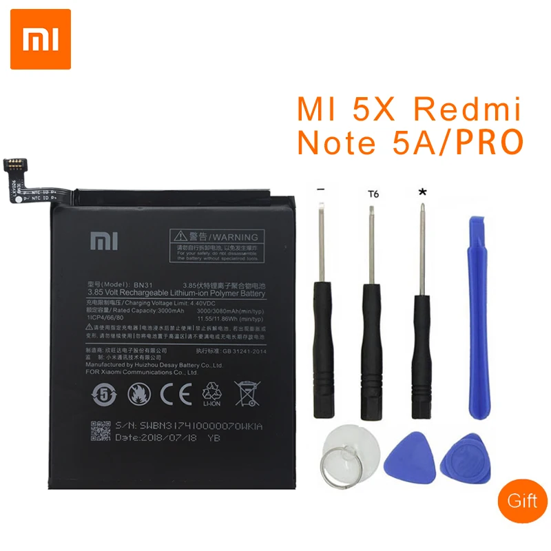 Оригинальные сменные аккумуляторы Xiaomi BN31 для Mi 5X Mi5X Redmi Note 5A Pro A1 Y1 Lite S2 аккумулятор телефона 3000