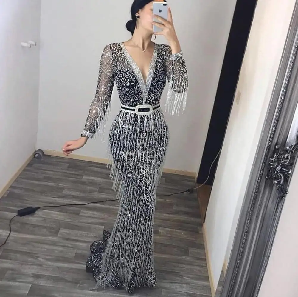 

Zoe Saldana Evening Party Dresses tassel sequins v-neck long sleeve trumpet mermaid Banquet Dress Prom Gowns Robe De Soiree