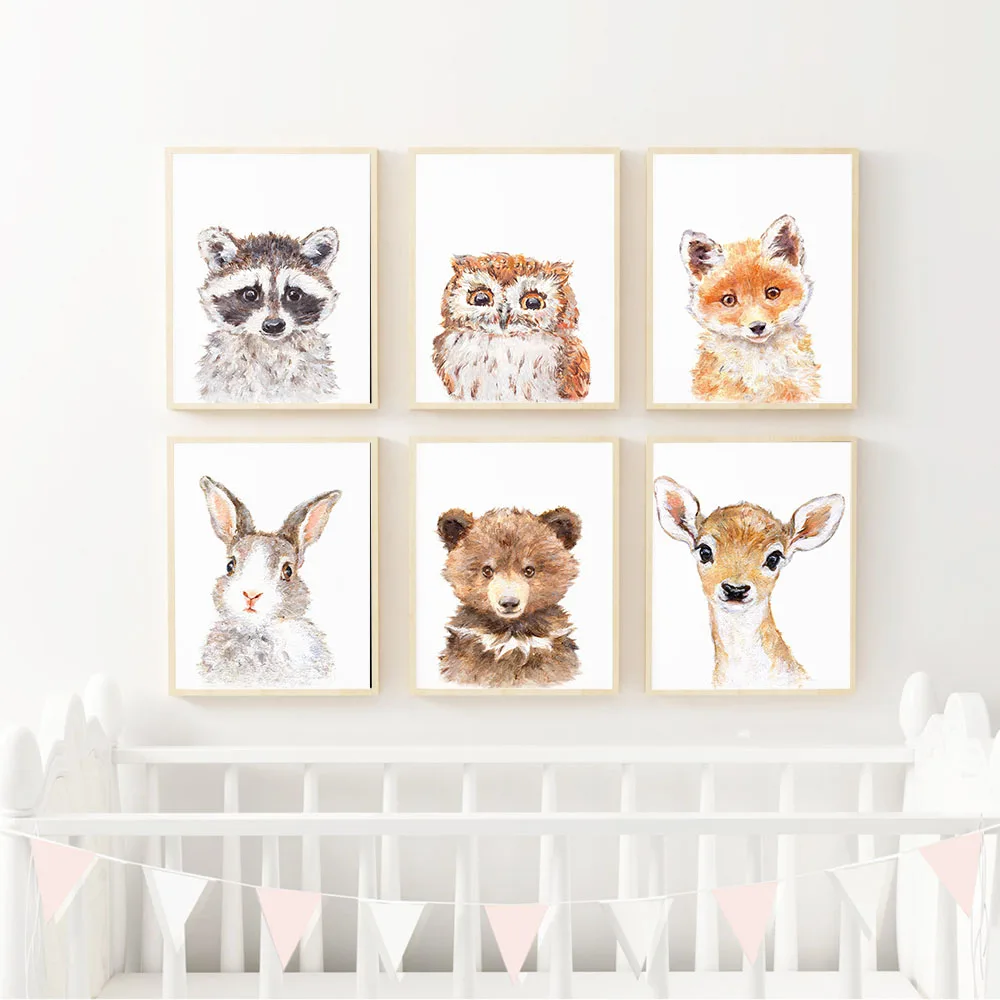 

Rabbit Owl Fox Bear Deer Children's Poster Nursery Wall Art Picture Print Forest Animal Painting Nordic Kids Baby Bedroom Decor