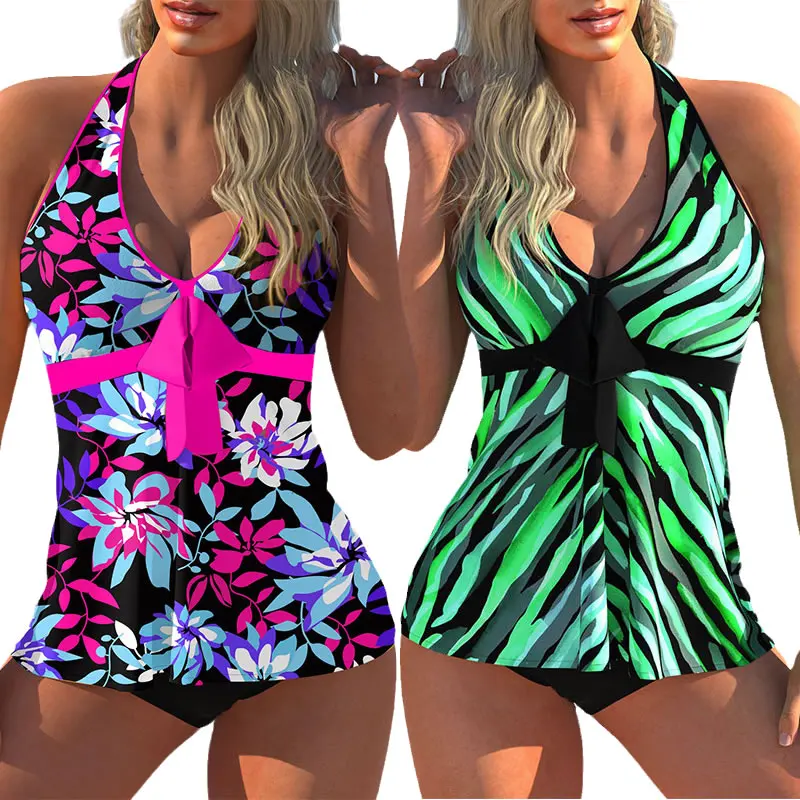 Summer Neon Tankinis Tropical Plant Print Two Pieces Swimming Suits Big 4XL Beachwear Female Large Swimwear Plus Size 5XL Bikini | Спорт и