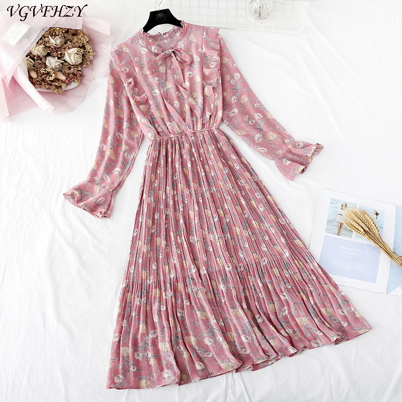 

Elegant Chiffon Summer Dress Women 2020 Long Sleeve Interior Lining Female Ruffle Flowers Floral Print Long Dresses Vestidos