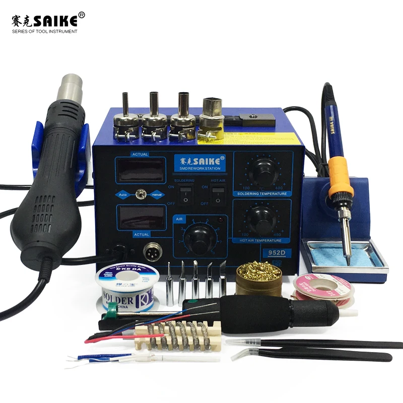 SAIKE 952D 2 in 1 SMD Rework Soldering Station Hot Air Gun Solder Iron Desoldering digital display nozzle Air gun handle
SAIKE 952D 2 in 1 SMD Rework Soldering Station Hot Air Gun Solder Iron Desoldering digital display nozzle Air gun handle