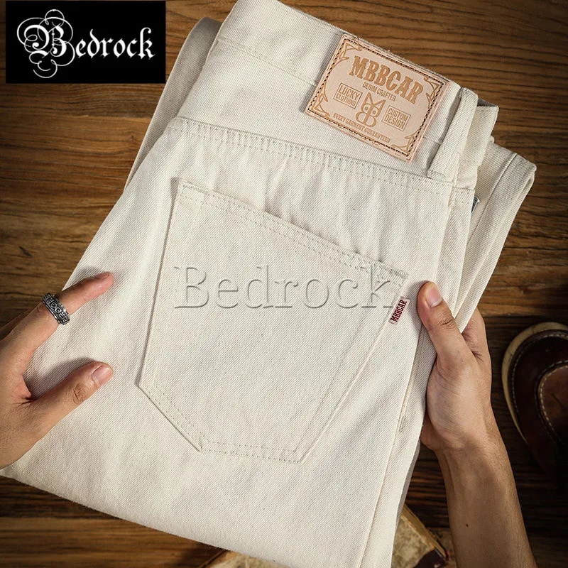 

MBBCAR 12oz embryo cloth cotton shell white jeans vintage yellowish straight jeans cattle jeans wash raw denim jeans 7344