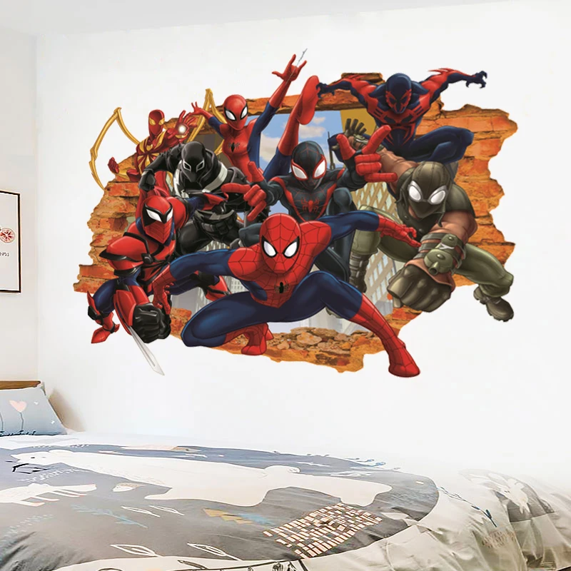 45*50cm hot 3d hole famous cartoon movie spiderman wall stickers for kids rooms boys gifts through wall decals home decor mural