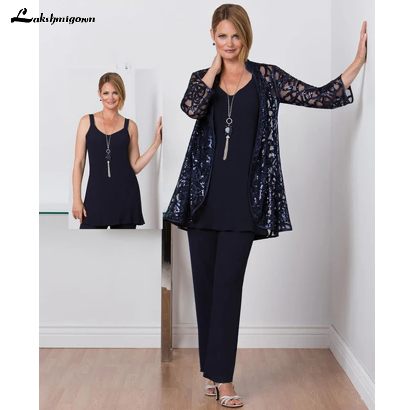 

Modest Mother of the Bride Dresses Pant Suit with Lace Jacket Chiffon Tunic Three Pieces Mother of Groom Dress Formal Dark Navy