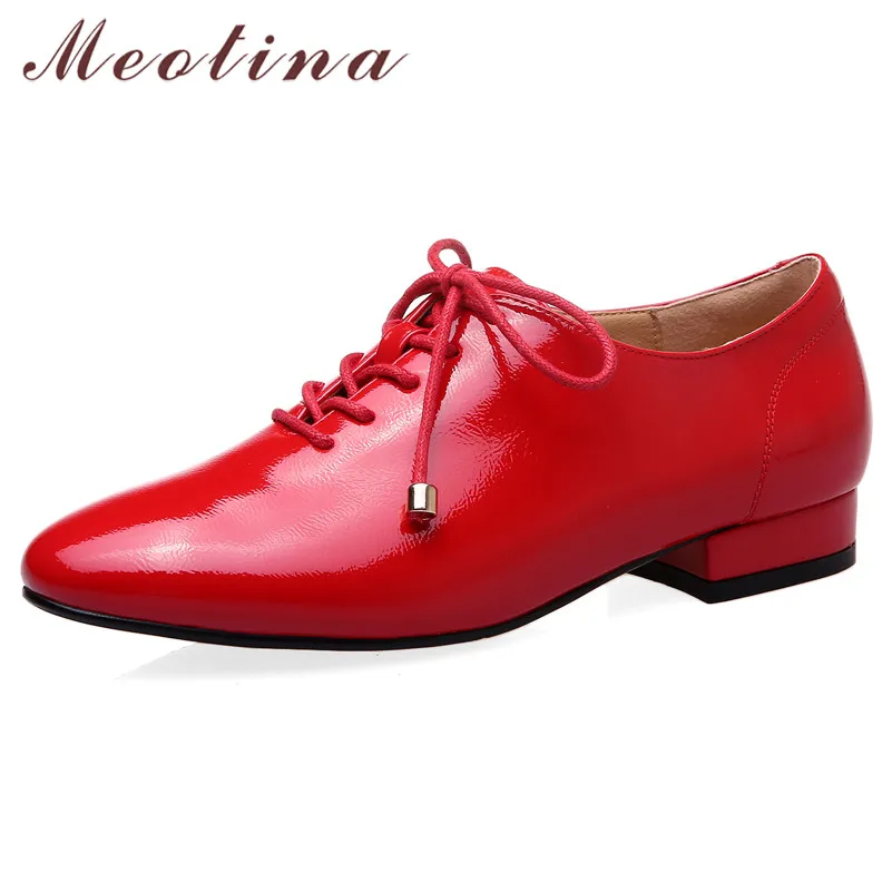 

Meotina Spring Flats Shoes Women Patent Leather Flat Derby Shoes Casual Lace Up Round Toe Shoes Ladies Black Red Plus Size 33-43