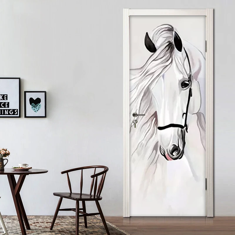 Самоклеящиеся 3D наклейки на дверь ручная роспись Белая лошадь абстрактное