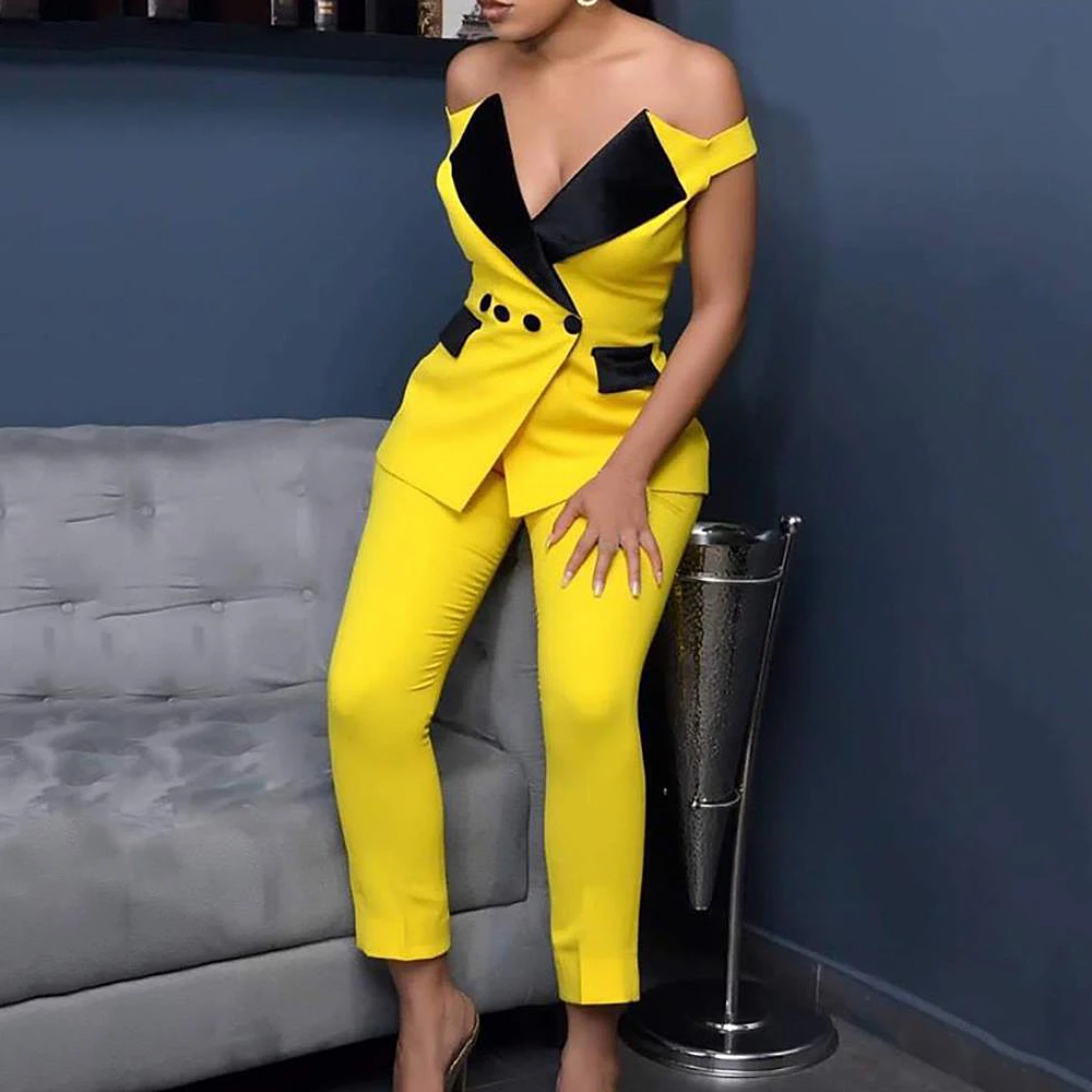 Newest Office Suits Women Colorblock Off Shoulder Notched Collar Buttoned Blazer And Pant Sets Sexy Deep V-Neck Women's Set
Newest Office Suits Women Colorblock Off Shoulder Notched Collar Buttoned Blazer And Pant Sets Sexy Deep V-Neck Women's Set