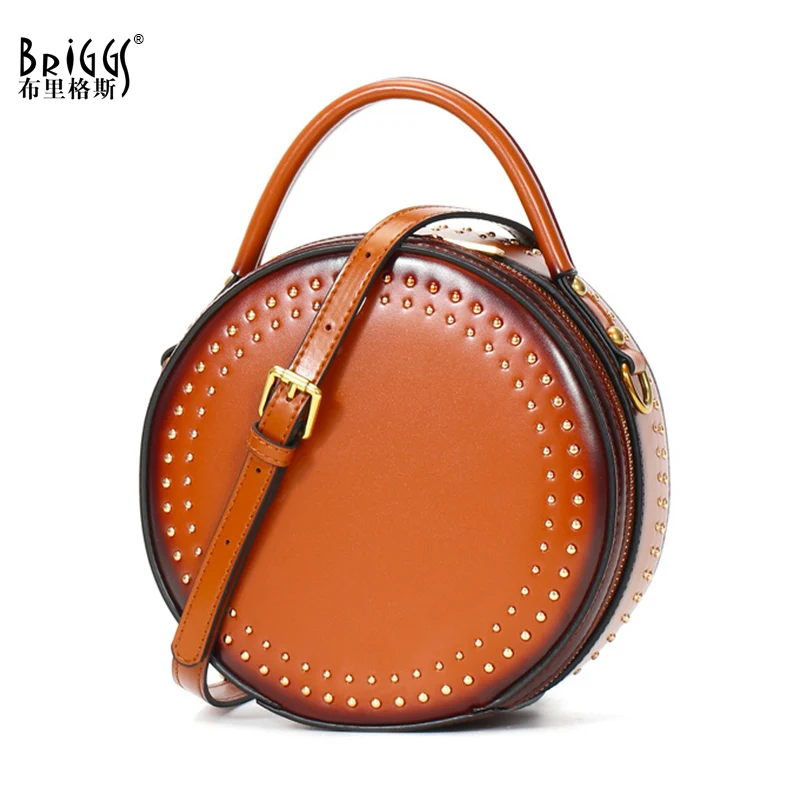 

BRIGGS Vintage Rivet Women Shoulder Bag Genuine Leather Handbag Small Circular Fashion Lady Messenger Crossbody Purse