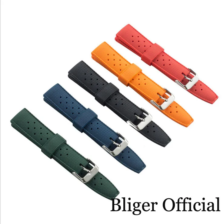 

BLIGER fit SKX007 NH35A Case Waffle 20mm 22mm Orange/Blue/Green Rubber Band Strap Silver Buckle Silicone Wristband