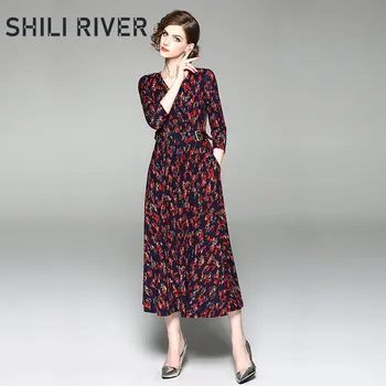 New spring summer midi dress for women a line slim casual elegant V neck retro pleated floral print flower full dress with belt
New spring summer midi dress for women a line slim casual elegant V neck retro pleated floral print flower full dress with belt