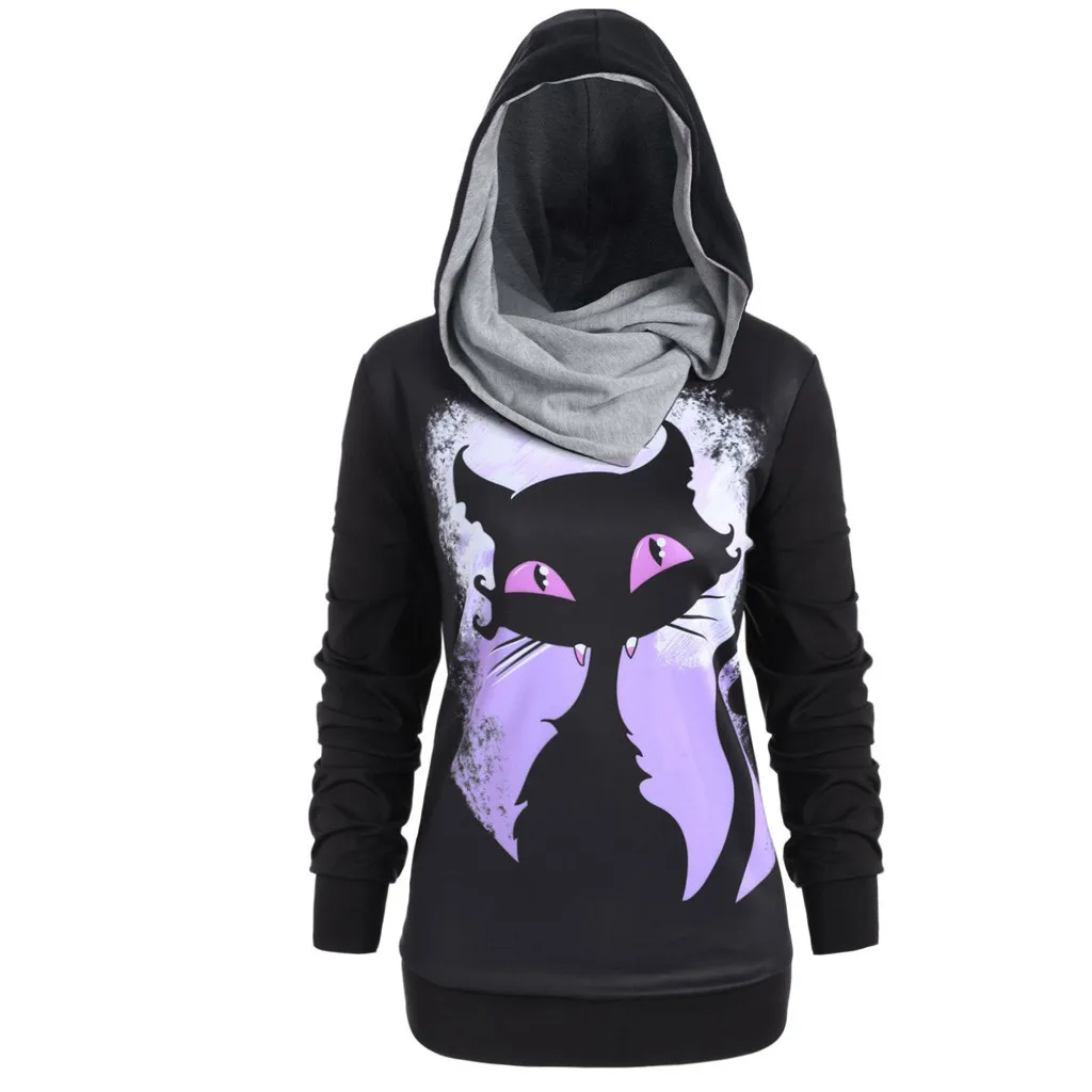 JAYCOSIN Women Casual Sweatshirt Long Sleeve Halloween Plus Size 3D Cat Print Convertible Comfortable Hoded Tops | Женская одежда