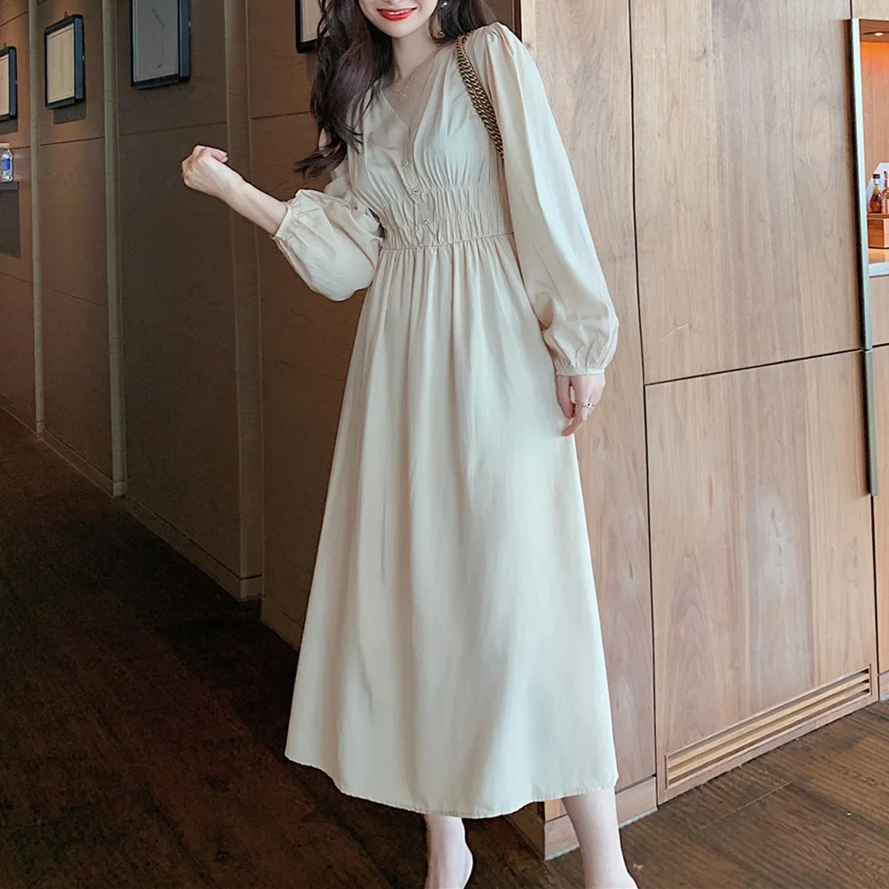 V-neck Dress Autumn New Korean Japanese-style High Waist Slimming Solid Color Loose Temperament Pleated Women Long Dresses
V-neck Dress Autumn New Korean Japanese-style High Waist Slimming Solid Color Loose Temperament Pleated Women Long Dresses