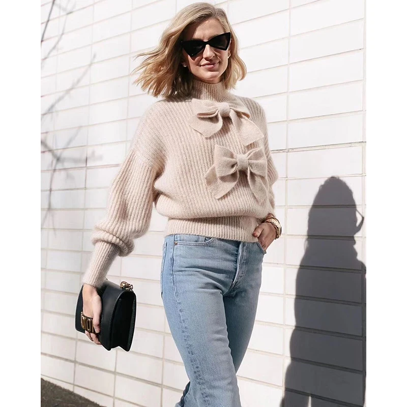 Wool Pullover Women's Turtleneck Bow Long Sleeve Puff Sleeve High Quality Winter Fashion Elegant Sweater Short Sweater
Wool Pullover Women's Turtleneck Bow Long Sleeve Puff Sleeve High Quality Winter Fashion Elegant Sweater Short Sweater