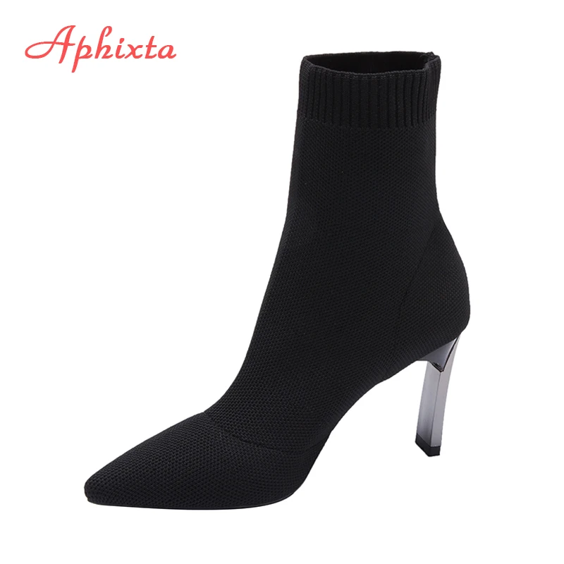 Вязаные эластичные женские сапоги Aphixta черного цвета с острым носком на тонком