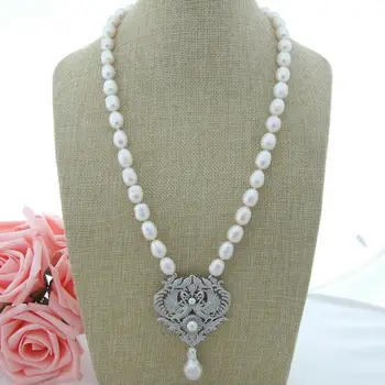 H100703 24'' 14x26MM White Rice Pearl Necklace CZ Pendant 
H100703 24'' 14x26MM White Rice Pearl Necklace CZ Pendant