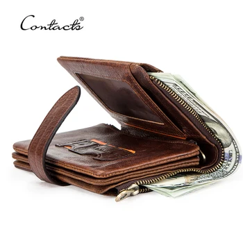 CONTACTS Luxury Brand Men Wallet Genuine Leather Bifold Short Wallet Hasp Casual Male Purse Coin Multifunctional Card Holders