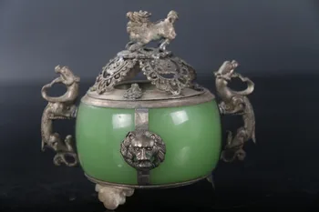 

christmas Exquisite chinese Tibetan silver carving kylin inlay jade Incense burner halloween