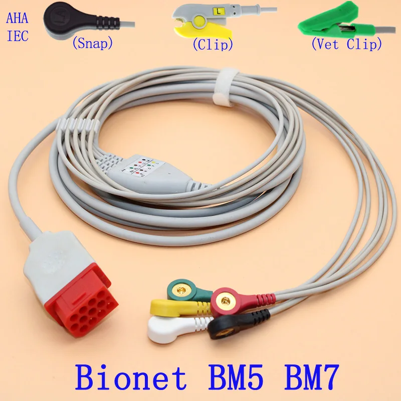 

Compatible with 12PIN Bionet BM5 BM7 Patient ECG monitor 5 lead cable and electrode connector of Snap/Clip,AHA OR IEC