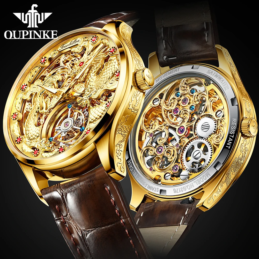 100% настоящие часы Tourbillon механические кожаные мужские OUPINKE 2020 Роскошные крутые