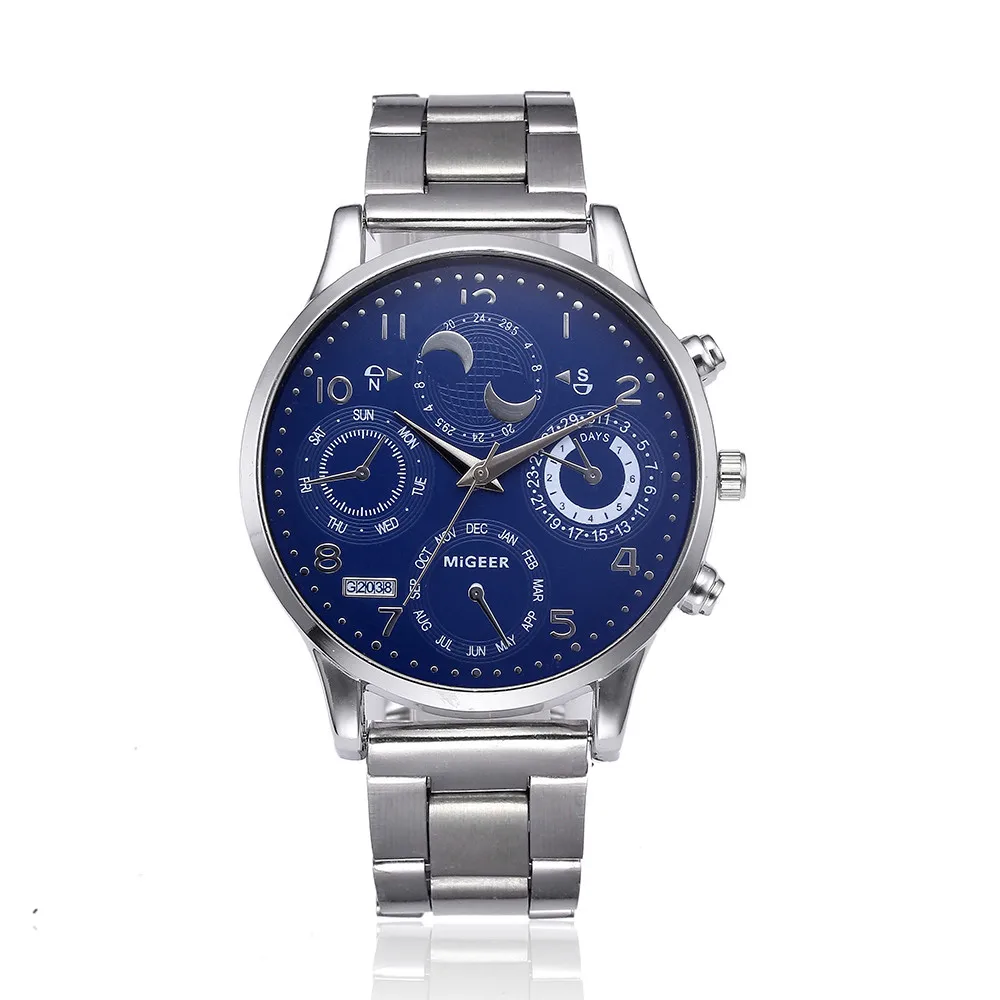 Luxury Brand Men's Quartz Watch Crystal Stainless Steel Analog Digital Alloy Dial Watches Blue Men Wristwatch Mens Gift Relogio