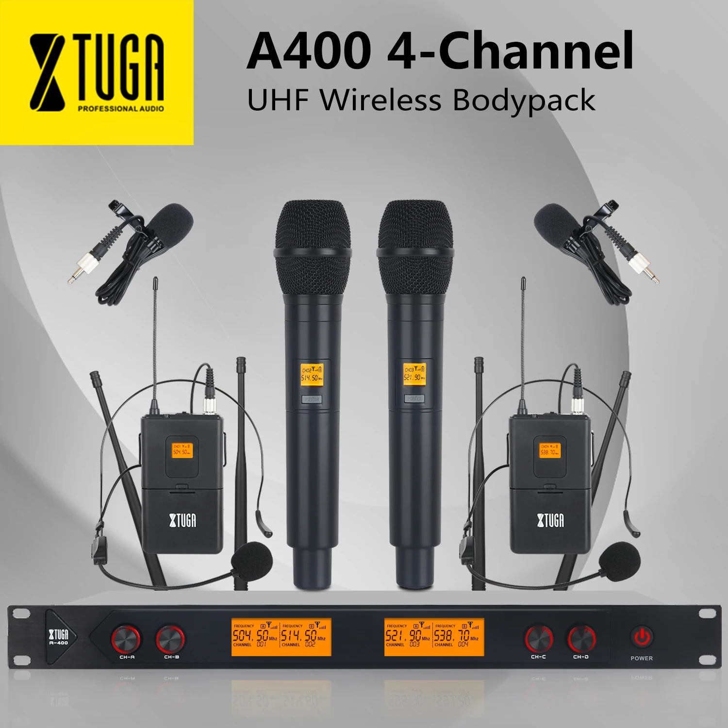 XTUGA A-400 Metal Material 4-Channel UHF Wireless Microphone System with 2 BodyPack and 2 Handheldfor Stage Church Family Party
XTUGA A-400 Metal Material 4-Channel UHF Wireless Microphone System with 2 BodyPack and 2 Handheldfor Stage Church Family Party