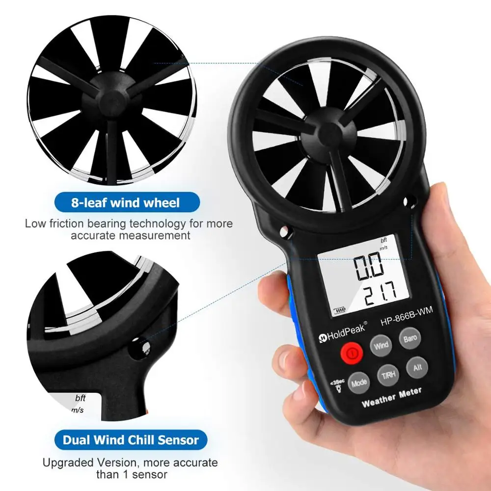 Digital Anemometer 866B-WM Handheld Wind Speed Meter with Back Light LCD Screen for Measuring Wind Speed Temperature humidity
Digital Anemometer 866B-WM Handheld Wind Speed Meter with Back Light LCD Screen for Measuring Wind Speed Temperature humidity